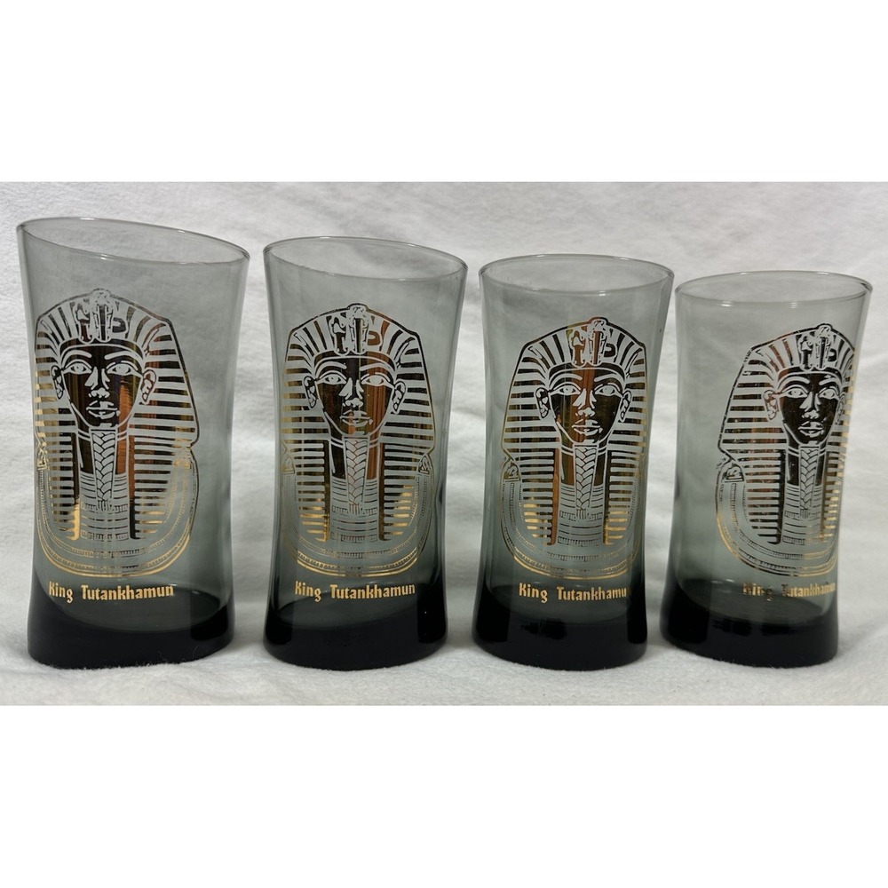 Culver King Tut Glasses Highball Tumblers Smokey 22kt Gold Treasures Vtg 70s
